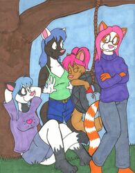  ailurid blue_hair female fur grass hair mammal pink_hair plant purple_hair red_body red_fur red_panda sibling_(lore) sister_(lore) sisters_(lore) tabbiewolf tire_swing tree white_body white_fur 