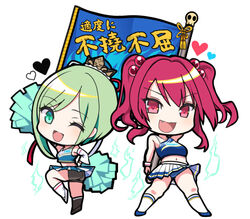  2girls amisu blush cheering cheerleader chibi full_body green_eyes green_hair hair_between_eyes hair_bobbles hair_ornament heart holding holding_pom_poms multiple_girls oerba_yun_fang one_eye_closed onozuka_komachi open_mouth pleated_skirt pom_pom_(cheerleading) red_eyes red_hair shiki_eiki short_hair simple_background skirt smile touhou two_side_up white_background white_skirt 