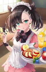  apple apple_slice apron asymmetrical_bangs berry_(pokemon) black_bow black_hair black_nails blush bow collared_shirt commentary cup curry curry_rice dress drinking_glass english_commentary female food fruit green_eyes hair_ribbon highres hitsukuya holding holding_tray ice_cream ice_cream_float indoors long_hair looking_at_viewer maid_headdress marnie_(pokemon) morpeko morpeko_(full) nail_polish oran_berry parted_lips pecha_berry pink_dress plate pokemon pokemon_(creature) pokemon_swsh puffy_short_sleeves puffy_sleeves rawst_berry red_apple red_ribbon ribbon rice shirt short_sleeves tray twintails unfinished white_apron window wrist_cuffs 