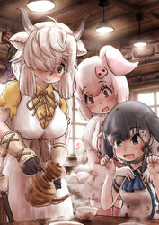  3girls :d absurdres animal_ears antenna_hair ascot behind_another black_hair black_horns blowhole blue_eyes blush bow bowtie brown_eyes closed_mouth collared_shirt commentary_request cup day dress drink eyelashes eyes_visible_through_hair gloves grey_hair hair_ornament hair_over_one_eye hands_on_another&#039;s_shoulders hands_up highres holding horns indoors kemono_friends kemono_friends_3 long_hair medium_hair multicolored_hair multicolored_horns multiple_girls narwhal_(kemono_friends) neck_ribbon open_mouth ox_ears ox_horns pig_(kemono_friends) pig_ears pig_girl pink_hair ribbon shirt short_sleeves side_ponytail smile steam table teriiman thighhighs very_long_hair white_hair window wing_collar yak_(kemono_friends) yellow_shirt zettai_ryouiki 