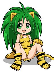  animal_ears animal_hands animal_print breasts cat_ears cat_tail cham_cham female full_body gloves green_eyes green_hair long_hair looking_at_viewer oerba_yun_fang open_mouth paw_gloves paw_shoes samurai_spirits simple_background small_breasts smile solo tail tiger_print white_background yuuya_(blue_scarab) 