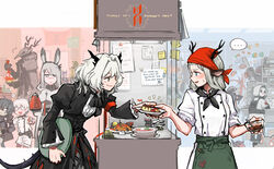  ! ... 4boys 6+girls ahoge alina_(arknights) alternate_costume animal_ears antenna_hair antlers apron arknights ascot bandana big_bob_(arknights) black_ascot black_dress black_neckerchief blush bowl ch&#039;en_(arknights) chainsaw coat commentary cowboy_shot deer_antlers deer_ears dragon_girl dragon_horns dragon_tail dress ear_ornament english_commentary english_text eye_contact faust_(arknights) food frostnova_(arknights) green_apron grey_eyes hair_intakes hair_ornament hair_over_one_eye hairclip ham heart highres holding holding_bowl holding_chainsaw holding_kettle holding_plate holding_tray horns hoshiguma_(arknights) jitome ketchup_bottle kettle long_hair looking_at_another mephisto_(arknights) multiple_boys multiple_girls neckerchief o_o open_mouth patriot_(arknights) plate pointy_ears profile pudding rabbit_ears red_(npc)_(arknights) red_bandana reunion_logo_(arknights) reunion_soldier_(arknights) scales scar scar_on_face scar_on_nose short_hair silverxp smile speech_bubble spoken_ellipsis spoken_exclamation_mark spoken_heart sweatdrop swire_(arknights) tail talulah_(arknights) teeth tray upper_teeth_only white_coat 