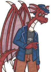  anthro bottomwear claws clothing dragon hat headgear headwear jacket male membrane_(anatomy) membranous_wings mythological_creature mythological_scalie mythology pants red_body red_skin scalie shirt tabbiewolf tail topwear wings 