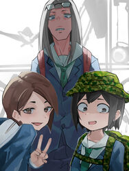  3girls :d absurdres asakusa_midori backpack bag black_eyes black_hair brown_eyes brown_hair camouflage_bag camouflage_headwear clip_studio_paint_(medium) eizouken_ni_wa_te_wo_dasu_na! eyewear_on_head green_neckwear grey_eyes highres kanamori_sayaka kurokiri6630 long_hair mizusaki_tsubame multiple_girls necktie open_mouth school_uniform short_hair smile standing v 