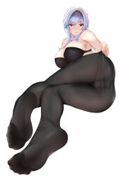  bad_id bad_pixiv_id black_bra black_panties black_pantyhose blue_hair blush bra breasts chinese_commentary cleavage closed_mouth eula_(genshin_impact) eyelashes eyes_visible_through_hair feet female full_body genshin_impact hair_between_eyes hairband highres large_breasts light_blue_hair lips looking_at_viewer lying medium_hair no_shoes on_side panties pantyhose pantyhose_tug red_eyes sidelocks simple_background smile soles solo thighs underwear underwear_only wd_(1106592840) white_background 