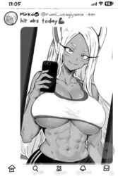  abs animal_ears bare_shoulders battery_indicator blush boku_no_hero_academia breasts cellphone cleavage collarbone dark-skinned_female dark_skin english_text fanbox_username female greyscale guchapin highres holding holding_phone large_breasts long_hair looking_at_self mirko mirror monochrome navel parted_bangs patreon_username phone rabbit_ears rabbit_girl reflection selfie smartphone smile solo sports_bra stomach timestamp toned twitter twitter_verified_checkmark underboob upper_body very_long_hair wi-fi_symbol 