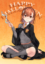  black_cape black_footwear black_robe black_skirt black_socks brown_eyes brown_hair cape closed_mouth collared_shirt commentary cosplay crest crossed_legs diagonal-striped_clothes diagonal-striped_necktie electricity electrokinesis female flower full_body grey_skirt grey_socks grey_sweater gryffindor hair_between_eyes hair_flower hair_ornament halloween happy_halloween harry_potter_(series) hogwarts_school_uniform holding holding_wand indian_style kneehighs logo long_sleeves looking_at_viewer misaka_mikoto necktie off_shoulder open_clothes open_robe orange_background pleated_skirt psychic raika9 ribbed_legwear robe school_uniform science_fiction shirt shoes short_hair sitting skirt smile socks solo striped_clothes sweater toaru_kagaku_no_railgun toaru_majutsu_no_index twitter_username wand white_flower white_shirt wizarding_world 