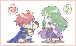  ! 1boy armor blue_cape blue_eyes blue_headband blush border bouquet cape cecilia_(fire_emblem) chibi confession female fire_emblem fire_emblem:_the_binding_blade flower green_eyes green_hair ham_pon headband heart long_hair looking_at_another on_one_knee pink_border purple_cape red_flower red_hair red_rose rose roy_(fire_emblem) speech_bubble spoken_exclamation_mark spoken_heart straight sweatdrop white_background 