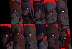  6+girls animal_ears blonde_hair blood blood_on_face blue_hair brown_hair ceres_fauna ceres_fauna_(1st_costume) collar commentary dark-skinned_female dark_skin earrings everyone evil_grin evil_smile feather_hair flower gawr_gura gawr_gura_(1st_costume) glowing glowing_eye green_hair grey_hair grin hair_flower hair_ornament hakos_baelz hat highres holocouncil hololive hololive_english holomyth irys_(hololive) irys_(irys_1.0)_(hololive) jewelry long_hair mitsumine_(ookami_no_oyashiro) mori_calliope mori_calliope_(1st_costume) multiple_girls nanashi_mumei ninomae_ina&#039;nis ninomae_ina&#039;nis_(1st_costume) orange_hair ouro_kronii pink_hair pointy_ears purple_hair red_hair smile spiked_collar spikes takanashi_kiara takanashi_kiara_(1st_costume) tentacle_hair tsukumo_sana tsukumo_sana_(1st_costume) upside-down virtual_youtuber watson_amelia watson_amelia_(1st_costume) 