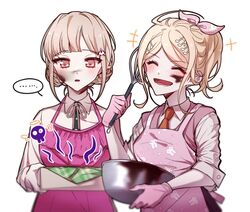  ... 2girls ^_^ akamatsu_kaede alternate_costume alternate_hairstyle apron black_shirt blush bowl box braid brown_eyes closed_eyes collared_shirt commentary danganronpa_(series) danganronpa_2:_goodbye_despair danganronpa_v3:_killing_harmony galaga gloves hair_ornament hair_ribbon halo holding holding_bowl holding_box light_brown_hair long_sleeves looking_at_viewer lysm425 multiple_girls musical_note musical_note_hair_ornament nanami_chiaki neck_ribbon necktie open_mouth orange_necktie pink_apron pink_ribbon pink_sweater_vest pink_vest ribbon shirt short_hair simple_background smile spoken_ellipsis sweater_vest symbol-only_commentary two-tone_shirt upper_body vest white_background white_shirt 