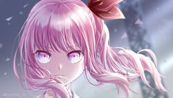  1other akiyama_mizuki bad_id bad_pixiv_id blurry blurry_background closed_mouth commentary floating_hair hair_ribbon long_hair looking_at_viewer morte_ai other_focus outdoors pink_eyes pink_hair portrait project_sekai red_ribbon ribbon side_ponytail sky solo truss twitter_username wind 