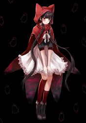  animal_ears asymmetrical_legwear bad_id bad_twitter_id black_background black_shirt blush bow bowtie brown_footwear brown_legwear cape commentary_request danganronpa_(series) danganronpa_v3:_killing_harmony fake_animal_ears female frilled_skirt frills full_body ghost_print harukawa_maki highres hood hood_up hooded_cape kneehighs korean_commentary long_hair low_twintails plaid plaid_skirt porary red_cape red_socks shirt shoes skirt socks solo sweatdrop twintails white_bow white_skirt 