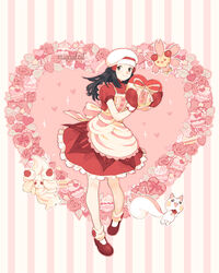  alcremie alcremie_(strawberry_sweet) apron artist_name black_hair chef_hat cherrim cherrim_(sunshine) closed_mouth commentary dawn_(palentine&#039;s_2021)_(pokemon) dawn_(pokemon) dress english_commentary female hair_ornament hairclip hat holding leg_warmers light_blush long_hair mittens miyaulait official_alternate_costume oven_mitts pachirisu pokemon pokemon_(creature) pokemon_masters_ex red_dress red_footwear red_mittens shoes sidelocks smile white_headwear 