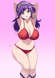  arms_behind_head athena_(series) bikini bracelet breasts coveredcore cowboy_shot curvy dancing female gem gladiator_sandals gradient_background green_eyes jewelry large_breasts legs_together long_hair looking_at_viewer motion_lines navel open_mouth pink_background princess_athena purple_hair red_bikini sandals skindentation snk solo swimsuit thick_thighs thighs 