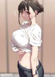  ^^^ aya_(jonsun) black_shorts blurry blurry_background breasts brown_eyes brown_hair closed_mouth clothes_writing female jonsun large_breasts lifting_own_clothes looking_at_viewer navel original shirt short_hair short_sleeves shorts sidelocks solo stomach twitter_username white_shirt 