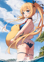  ass bare_back bare_shoulders black_ribbon blonde_hair blue_eyes blue_one-piece_swimsuit bow breasts commentary_request day dead_or_alive dead_or_alive_5 elach female frilled_one-piece_swimsuit frills from_below from_side hair_ornament hair_ribbon highres holding long_hair looking_at_viewer marie_rose marie_rose_(devilish_servant_against_the_splashing_waves) one-piece_swimsuit outdoors palm_tree red_bow ribbon skindentation sky smile solo swimsuit thigh_strap tongue tongue_out tree twintails wading water x_hair_ornament 