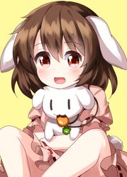  :d animal animal_ears brown_hair carrot_necklace commentary_request dress female floppy_ears highres holding holding_animal in_mouth inaba_mob_(touhou) inaba_tewi jewelry looking_at_viewer necklace open_mouth pink_dress puffy_short_sleeves puffy_sleeves rabbit rabbit_ears rabbit_tail ruu_(tksymkw) short_hair short_sleeves simple_background sitting smile solid_oval_eyes tail touhou yellow_background 