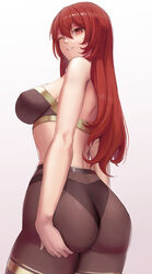  absurdres ass back bare_shoulders blush bra breasts brown_bra brown_panties brown_pantyhose female gold_trim grin highres kakeku large_breasts long_hair looking_at_viewer looking_back one_eye_closed original panties panties_under_pantyhose pantyhose red_eyes red_hair smile solo thighs underwear 