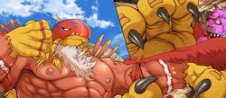  2022 5_fingers anthro bandai_namco bodily_fluids cloud digimon digimon_(species) digital_media_(artwork) duo female fingers garudamon hi_res larger_female macro male muscular muscular_anthro muscular_female open_mouth sequence size_difference size_play sky smaller_male sweat tan_(artist) 