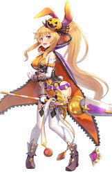  bare_hips blush bow bowtie breasts cloak clothing_cutout covered_navel detached_sleeves dragalia_lost elbow_gloves elisanne female food-themed_hair_ornament gasp gloves gonzarez hair_ornament hair_ribbon halloween halloween_costume highres holding holding_polearm holding_weapon lance long_hair looking_at_viewer medium_breasts navel navel_cutout official_alternate_costume playboy_bunny polearm ponytail pumpkin_hair_ornament rabbit_tail ribbon sideboob sidelocks solo striped_bow striped_bowtie striped_clothes tail thighs very_long_hair weapon white_background white_bow white_bowtie white_gloves wrist_cuffs 