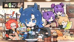  ! &gt;_&lt; 5girls amiya_(arknights) animal_ears animalization arknights beagle_(arknights) black_collar black_jacket blanket blonde_hair blue_eyes blue_gloves blue_hair bow bread cafeteria cake chair character_doll chibi chinese_commentary closed_eyes collar collared_shirt commentary_request demon_horns diamond-shaped_pupils diamond_(shape) doctor_(arknights) dog_ears dog_girl dog_tail ear_piercing fang_(arknights) food food_on_face gloves green_bow green_shirt guest_art hair_between_eyes hair_ornament hairbow hairclip hibiscus_(arknights) highres holding holding_blanket horns horse_ears horse_girl id_card jacket jewelry kroos_(arknights) kumomero lava_(arknights) lying mouth_hold muffin multiple_girls necklace open_clothes open_jacket open_mouth orange_hair orange_sweater piercing pillow plate pointy_ears purple_eyes purple_hair semi-rimless_eyewear shirt short_hair short_twintails sidelocks sitting sleeping spoken_exclamation_mark standing steam sweater symbol-shaped_pupils table tail tooth_necklace tray turtleneck twintails under-rim_eyewear utensil_in_mouth weibo_watermark |_| 