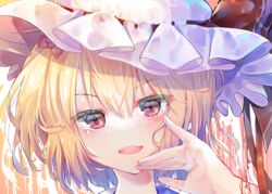  blonde_hair blush bow commentary_request eri_(31530139) female flandre_scarlet hair_between_eyes hairbow hand_up hat hat_ribbon head_tilt highres looking_at_viewer mob_cap one_side_up open_mouth portrait purple_eyes red_bow red_ribbon ribbon short_hair simple_background smile solo sunken_fossil_world touhou white_background white_hat 