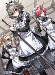  1boy 2girls absurdres anger_vein angry apron artist_name blonde_hair blue_eyes bow bowtie braid breasts clenched_teeth command_spell commentary_request fate/apocrypha fate_(series) frankenstein&#039;s_monster_(fate) green_eyes grey_hair hair_between_eyes hair_bun hand_on_own_hip haoro highres horns indoors long_sleeves looking_at_viewer maid maid_apron maid_headdress mordred_(fate) mordred_(fate/apocrypha) multiple_girls pantyhose parted_lips pink_hair ponytail red_eyes shaded_face sieg_(fate) single_hair_bun single_horn small_breasts standing teeth twitter_username watermark 