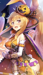  bare_hips blush bow bowtie breasts cloak clothing_cutout covered_navel detached_sleeves dragalia_lost elbow_gloves elisanne female food-themed_hair_ornament gasp gloves gonzarez hair_ornament hair_ribbon halloween halloween_costume highres long_hair looking_at_viewer medium_breasts navel navel_cutout official_alternate_costume playboy_bunny ponytail pumpkin_hair_ornament rabbit_tail ribbon sideboob sidelocks solo striped_bow striped_bowtie striped_clothes tail thighs very_long_hair white_bow white_bowtie white_gloves wrist_cuffs 