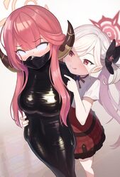  2girls aru_(blue_archive) blank_eyes blue_archive blunt_bangs blush bound commentary_request demon_horns femdom gag gagged halo highres horns kidnapping looking_at_another multiple_girls mummy mutsuki_(blue_archive) pink_hair pink_halo pointy_ears purple_eyes raftetram restrained tongue tongue_out variant_set white_hair yuri 