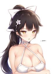  azur_lane bad_id bad_twitter_id bare_shoulders black_hair blush bow breast_hold breasts breasts_day brown_eyes cleavage collarbone commentary criss-cross_halter female hair_ornament hairbow halterneck highres kiri_celea large_breasts long_hair official_alternate_costume parted_lips ponytail shiny_skin simple_background solo takao_(azur_lane) takao_(beach_rhapsody)_(azur_lane) upper_body white_background 