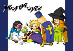  2girls 3boys blonde_hair bodysuit boots breasts chibi closed_mouth cosplay cross dragon_quest dragon_quest_iii fighter_(dq3) glasses gloves hat long_hair lowres mage_(dq3) mitre multiple_boys multiple_girls orange_bodysuit priest_(dq3) roto_(dq3) sage_(dq3) short_hair sunglasses tabard weapon yukataro 