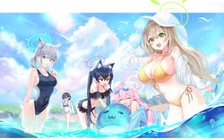  5girls ahoge animal_ears ayane_(blue_archive) ayane_(swimsuit)_(blue_archive) bare_shoulders bikini black_bikini black_hair blue_archive blue_eyes breasts cat_ears cleavage collarbone dano extra_ears foreclosure_task_force_(blue_archive) glasses green_eyes hair_between_eyes hair_ornament hair_ribbon halo hat heterochromia highres hoshino_(blue_archive) hoshino_(swimsuit)_(blue_archive) large_breasts light_brown_hair long_hair looking_at_viewer multiple_girls navel nonomi_(blue_archive) nonomi_(swimsuit)_(blue_archive) official_alternate_costume open_mouth outdoors pink_hair pointy_ears red-framed_eyewear red_eyes ribbon serika_(blue_archive) serika_(swimsuit)_(blue_archive) shiroko_(blue_archive) shiroko_(swimsuit)_(blue_archive) short_hair side-tie_bikini_bottom sideboob stomach striped_bikini striped_clothes sun_hat swimsuit twintails white_headwear wolf_ears yellow_bikini yellow_eyes 