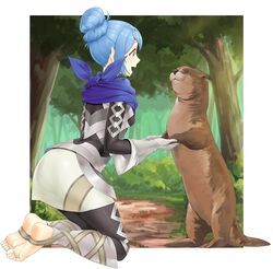  animal armor armored_dress black_legwear blue_hair blue_scarf brown_eyes commentary english_commentary eye_contact feet female fire_emblem fire_emblem_fates forest gloves grass hair_bun highres igni_tion kana_(female)_(fire_emblem) kana_(fire_emblem) kneeling leggings long_sleeves looking_at_another nature no_shoes open_mouth otter outdoors pointy_ears scarf short_hair sidelocks single_hair_bun smile soles stirrup_legwear toeless_legwear toes tree 