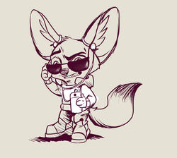  2019 anthro argeshka big_ears canid canine clothed clothing disney earbuds electronics eyewear fennec_fox finnick_(zootopia) fox fully_clothed fur headphones holding_object inner_ear_fluff mammal simple_background solo sunglasses teeth true_fox tuft zootopia 