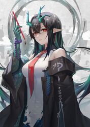  absurdres antlers areaaaron arknights bead_bracelet beads black_coat black_hair bracelet breasts calligraphy_brush coat colored_skin dusk_(arknights) earrings female fingernails green_hair green_skin hair_between_eyes hand_up highres holding horns jewelry korean_commentary large_breasts long_hair long_sleeves looking_at_viewer necktie off-shoulder_coat off_shoulder open_clothes open_coat paintbrush parted_lips pointy_ears prayer_beads red_eyes red_necktie shirt sleeveless sleeveless_shirt smile solo white_shirt wide_sleeves 