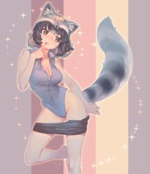  animal_humanoid arai-san big_breasts black_hair blue_nails blush breasts cleavage clothed clothing colored_nails female grey_hair hair hi_res humanoid inner_ear_fluff kemono_friends legwear leotard mammal mammal_humanoid markings mifu_(b24vc1) multicolored_hair nails procyonid procyonid_humanoid raccoon_humanoid solo striped_markings striped_tail stripes tail tail_markings tights tuft yellow_eyes 