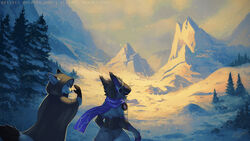  16:9 2021 anthro black_body black_fur blue_scarf canid clothed clothing dated dipstick_tail duo fur gloves_(marking) grey_clothing grey_robe head_tuft machine male mammal markings mountain mylafox outside plant protogen protogen_visor robe scarf sky snow snowing tail tail_markings text tree tuft url white_body white_fur widescreen 