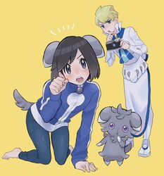  2boys :o all_fours apron ascot barefoot black_hair blonde_hair blue_ascot blue_eyes blue_jacket blush buttons calem_(pokemon) camera commentary_request espurr grey_eyes hand_on_own_chin highres holding holding_camera jacket long_sleeves looking_at_viewer looking_down male_focus multiple_boys open_mouth pants paw_pose pokemon pokemon_ears pokemon_tail pokemon_xy sana_(37pisana) shirt shoes short_hair siebold_(pokemon) stroking_own_chin tail teeth toes tongue turtleneck turtleneck_jacket waist_apron white_shirt yellow_background 