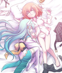  2girls arm_pillow bed belt closed_eyes clothes_pull collared_shirt dragon_horns fate/grand_order fate_(series) fetal_position fujimaru_ritsuka_(female) green_hair hair_ornament horns japanese_clothes kiyohime_(fate) long_hair lying medium_hair minamoto_hisanari multiple_girls obi on_back open_mouth orange_hair panties pantyhose pantyhose_around_one_leg pantyhose_pull pillow sash shirt skirt sleeping smile thigh_gap thighhighs underwear unworn_belt unworn_skirt white_panties white_shirt yuri 