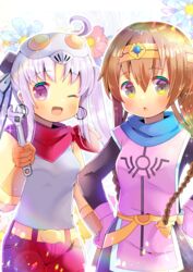  2girls :o ;d ahoge akitsushima_(kancolle) bandana black_dress blue_flower bow braid breasts brown_eyes brown_gloves circlet commentary_request cosplay dragon_quest dragon_quest_dai_no_daibouken dress elbow_gloves floral_background flower gloves grey_eyes grey_hair hair_between_eyes hairbow hands_on_own_hips holding kantai_collection komatsu_mikako kou_hiyoyo long_hair looking_at_viewer maam maam_(cosplay) mask mask_on_head multiple_girls one_eye_closed open_mouth parted_bangs parted_lips penne_(zoids_wild) penne_(zoids_wild)_(cosplay) pink_flower pink_gloves purple_eyes red_shorts shirt shorts side_ponytail sleeveless sleeveless_shirt small_breasts smile striped striped_bow teruzuki_(kancolle) tunic twin_braids very_long_hair voice_actor_connection white_shirt wrench zoids zoids_wild 