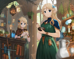  2girls bad_id bad_pixiv_id bangle blonde_hair blurry blurry_background blurry_foreground book bookshelf bracelet braid branch butterfly_hair_ornament candle capelet commentary day depth_of_field dress elf english_commentary fantasy french_braid green_dress hair_ornament hanging_flower hanging_plant herb_bundle holding indoors jar jewelry long_dress long_hair looking_at_viewer mortar_(bowl) multiple_girls original pestle pitcher_(container) plant pointy_ears potted_plant pouch smile sword weapon window yoshitake 