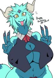  2022 2_horns 4_fingers :d anthro bare_shoulders big_breasts biped black_clothing black_topwear blue_body blue_countershading blue_fur blue_hands blue_markings blue_tail blue_tail_tip breasts claws cleavage_cutout clothing countershade_torso countershading cutout dark_topwear digital_media_(artwork) dipstick_tail double_v_sign dragon eye_markings female female_anthro finger_claws fingers forehead_gem fur furred_dragon furred_scalie gem gesture gloves_(marking) green_body green_fur green_tail grey_claws hand_gesture hi_res horn kazuhiro kemono long_neck looking_at_viewer markings monotone_horn multicolored_body multicolored_fur mythological_creature mythological_scalie mythology navel nipple_outline open_mouth open_smile pawpads pink_pawpads raised_hand red_ribbon scalie simple_background smile smiling_at_viewer solo tail tail_markings tan_horn teal_body teal_face topwear two_tone_body two_tone_fur two_tone_tail v_sign white_background yellow_eyes 