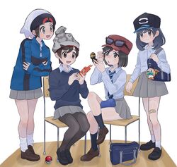  4boys :d alternate_costume applying_makeup bag beanie black_headwear black_socks blue_jacket blue_necktie brendan_(pokemon) brown_footwear calem_(pokemon) character_doll closed_mouth collared_shirt commentary_request crossdressing crossed_legs elio_(pokemon) eyewear_on_headwear full_body grey_eyes grey_skirt hat highres jacket leaning_forward long_sleeves loose_socks male_focus multiple_boys necktie open_mouth pantyhose pleated_skirt pokemon pokemon_oras pokemon_sm pokemon_swsh pokemon_xy red_headwear rotom rotom_phone rowlet sana_(37pisana) school_bag shiny_skin shirt shoes sitting skirt smile socks standing striped_necktie sunglasses sweater victor_(pokemon) white_socks 