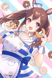  :d animal_ears blue_hat blush bow breasts brown_hair choker collarbone commentary_request diagonal_stripes doughnut dress female food food-themed_background gucchiann hair_ribbon hands_up hat highres hishi_akebono_(umamusume) holding holding_food horse_ears long_hair looking_at_viewer medium_breasts mini_hat puffy_short_sleeves puffy_sleeves red_eyes ribbon short_sleeves sidelocks smile solo striped_background striped_clothes striped_dress tilted_headwear twintails umamusume white_bow white_choker white_ribbon wrist_cuffs 