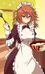  apron blush bowl breasts clenched_teeth commentary_request cosplay dress duel_monster embarrassed female highres hiita_(yu-gi-oh!) hiita_the_fire_charmer holding holding_bowl holding_whisk kitchen_dragonmaid kitchen_dragonmaid_(cosplay) long_hair long_sleeves maid maid_apron maid_headdress orange_eyes orange_hair partial_commentary puffy_sleeves solo synchroman teeth whisk yu-gi-oh! 