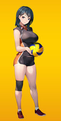  ball black_eyes black_hair breasts closed_mouth coon dolphin_shorts female full_body haikyuu!! highres holding holding_ball karasuno_volleyball_uniform knee_pads looking_at_viewer medium_breasts mole mole_under_mouth red_footwear shimizu_kiyoko shirt shorts single_knee_pad smile solo sportswear standing volleyball volleyball_(object) volleyball_uniform yellow_background 