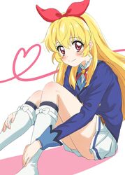  aikatsu! aikatsu!_(series) bad_id bad_twitter_id blazer blonde_hair blue_jacket blue_skirt blush boots bow colored_shadow female hairband hairbow hands_on_own_legs heart highres hoshimiya_ichigo inactive_account jacket knee_boots knees_together_feet_apart knees_up long_hair looking_at_viewer neck_ribbon pleated_skirt red_bow red_eyes red_hairband red_ribbon ribbon school_uniform shadow shirt sincos single_stripe sitting skirt smile socks solo starlight_academy_school_uniform white_footwear white_shirt white_skirt white_socks 