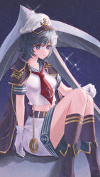  absurdres anchor belt black_cape black_footwear blue_eyes blue_hair blush boots cape commentary female full_body gloves hair_between_eyes hat highres hishaku knees_up looking_at_viewer m4_gun midriff murasa_minamitsu necktie parted_lips red_necktie sailor_collar sailor_hat sailor_shirt shirt short_hair short_sleeves shorts sitting sky solo sparkle star_(sky) starry_sky sunken_fossil_world swept_bangs touhou white_gloves white_hat white_shirt white_shorts 