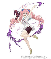  :d ahoge bike_shorts blue_eyes bow colored_eyelashes crossover dress female full_body gun hairbow handgun index_finger_raised ji_no long_hair looking_at_viewer milim_nava official_art open_mouth photoshop_(medium) pink_hair sailor_collar sinoalice smile solo square_enix teeth tensei_shitara_slime_datta_ken twintails upper_teeth_only very_long_hair weapon white_background white_dress 