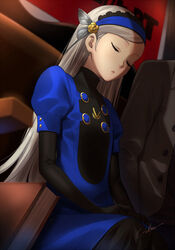  amamiya_ren artist_name asymmetrical_bangs black_gloves blue_dress book butterfly_hair_ornament chinese_commentary closed_eyes dress elbow_gloves female flat_chest gloves grey_hair hair_ornament hairband lavenza_(persona_5) long_hair open_mouth persona persona_5 puffy_short_sleeves puffy_sleeves short_sleeves signature sitting sleeping solo_focus straight_hair swept_bangs turtleneck werkbau 